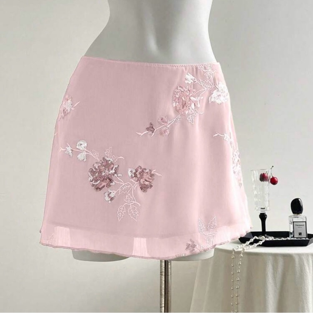 Pink Floral Embroidered Skirt